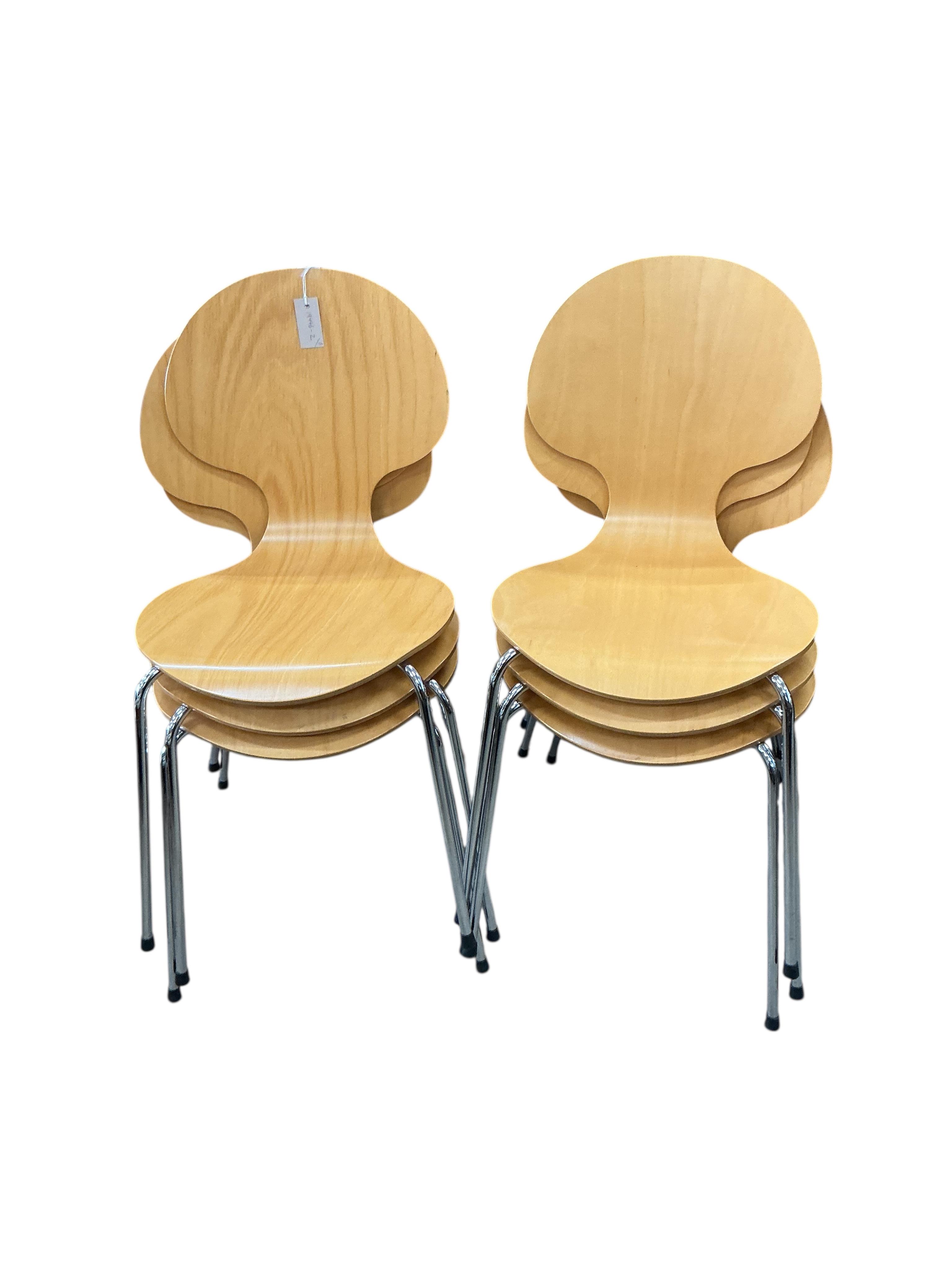 After Arne Jacobsen, a set of six modern bentwood and chrome 'Ant' chairs, width 44cm, depth 44cm, height 84cm